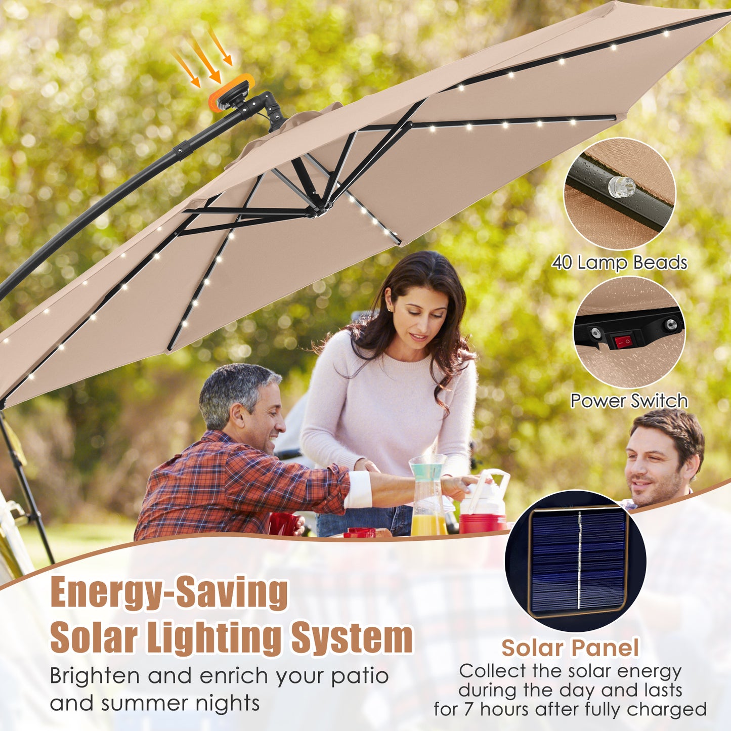 Topbuy 10 FT Solar Offset Hanging Umbrella w/ 40 Lamp Beads  Solar Panel Easy Tilt Adjustment Lighted Patio Cantilever Umbrella Tan