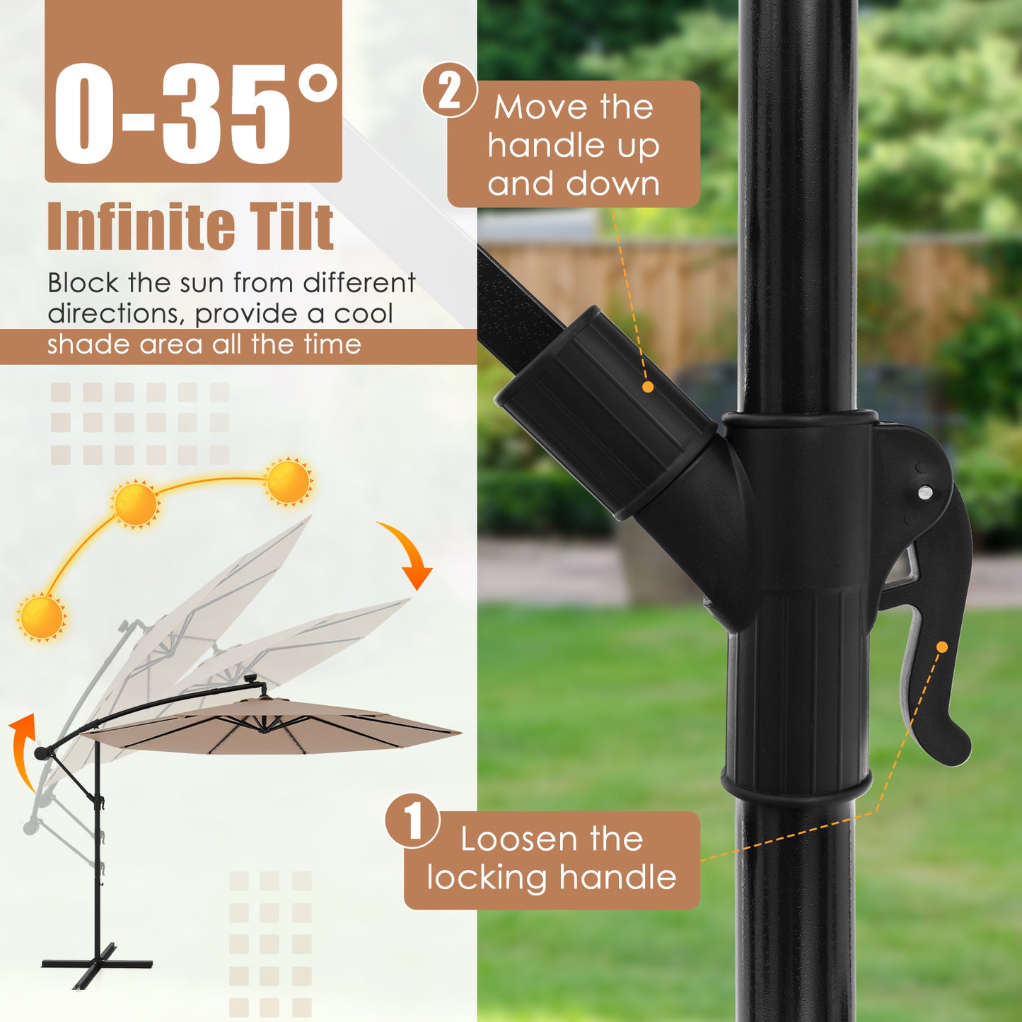 Topbuy 10 FT Solar Offset Hanging Umbrella w/ 40 Lamp Beads  Solar Panel Easy Tilt Adjustment Lighted Patio Cantilever Umbrella Tan