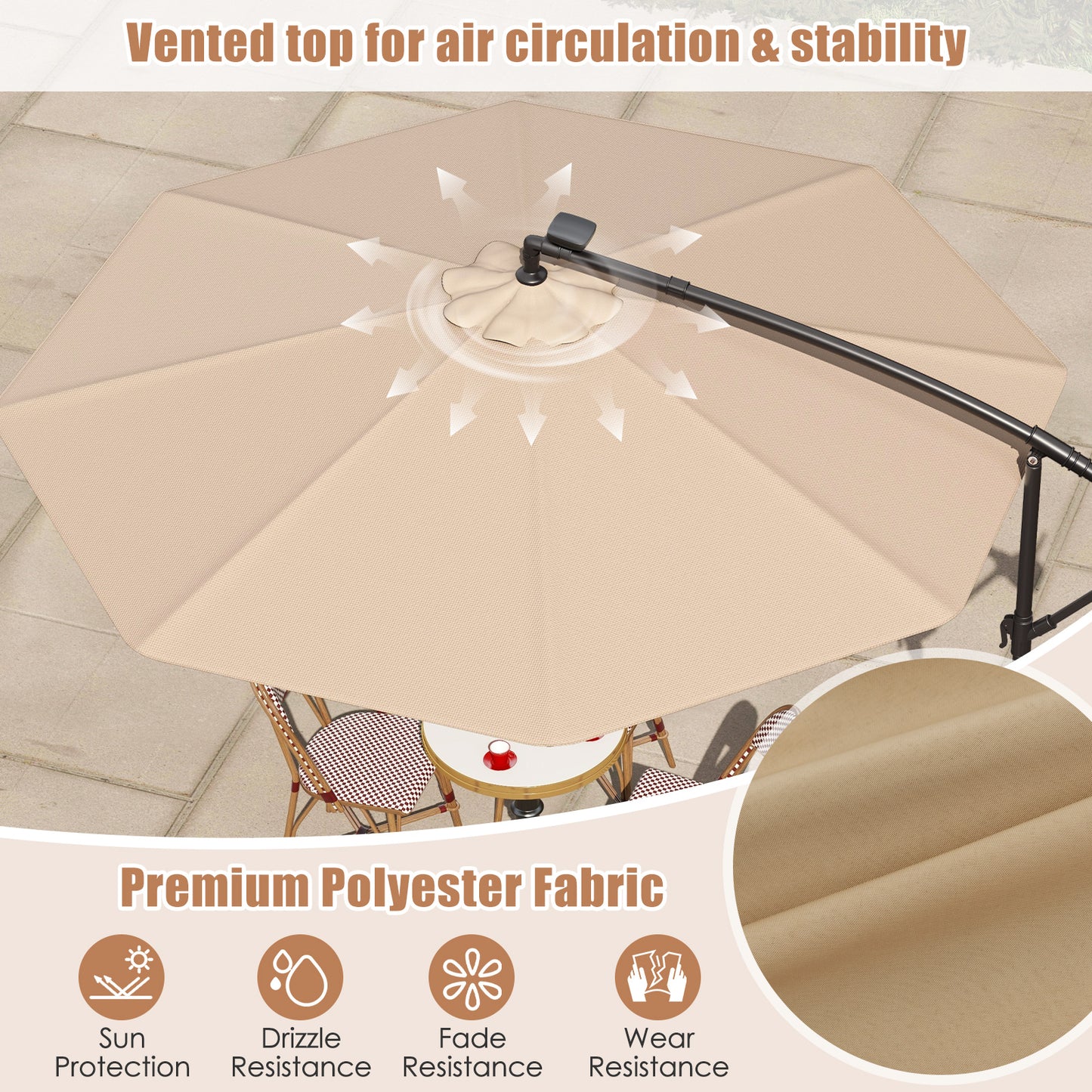 Topbuy 10 FT Solar Offset Hanging Umbrella w/ 40 Lamp Beads  Solar Panel Easy Tilt Adjustment Lighted Patio Cantilever Umbrella Tan