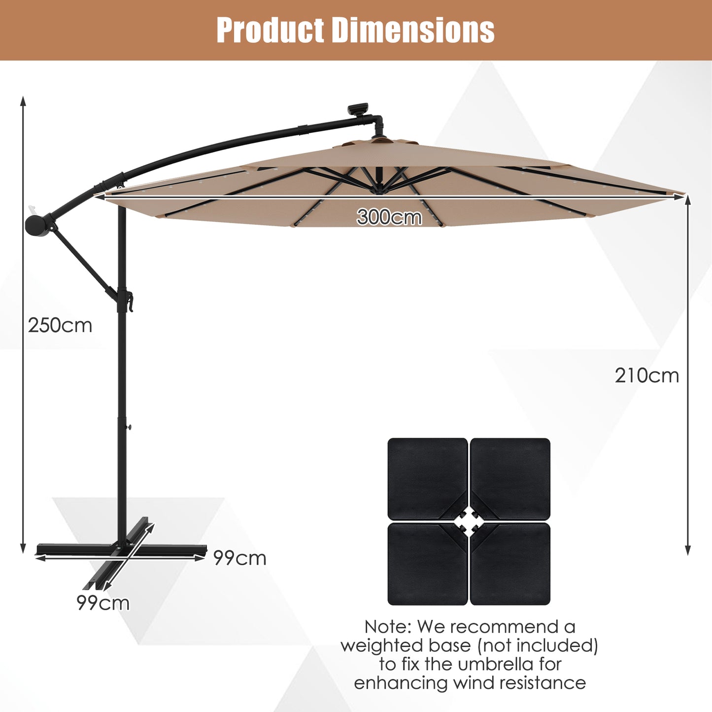Topbuy 10 FT Solar Offset Hanging Umbrella w/ 40 Lamp Beads  Solar Panel Easy Tilt Adjustment Lighted Patio Cantilever Umbrella Tan