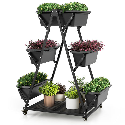 Topbuy Raised Garden Bed with 4 Wheels Tiered Planter Stand Elevated Garden Planter with 6 Container Boxes Drainage System Storage Shelf