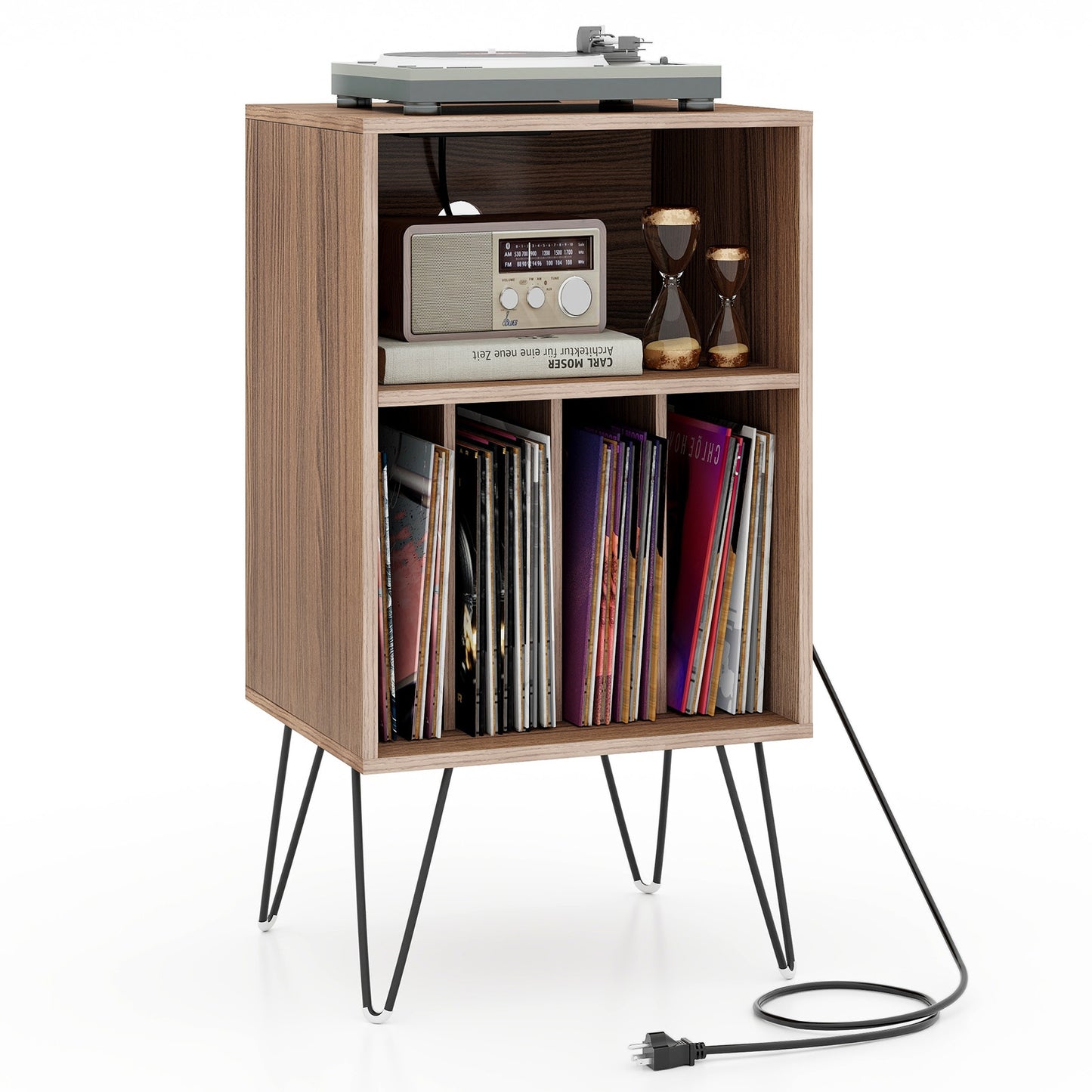 Topbuy Home Record Player Stand w/ Storage 3-Tier Vinyl Record Storage Cabinet Turntable Stand w/ Charging Station Open Shelf & 4 Dividers Rustic Brown/Black/Walnut
