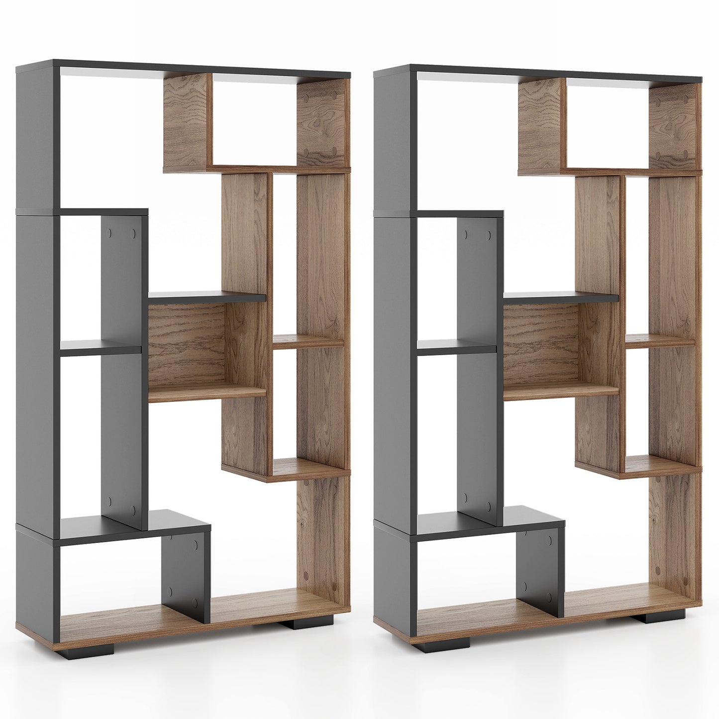 Topbuy 2pcs Geometric Bookshelf 47-Inch Bookcase w/ Multiple Open Shelves Anti-Tipping Devices Freestanding Book Storage Organizer White/Black