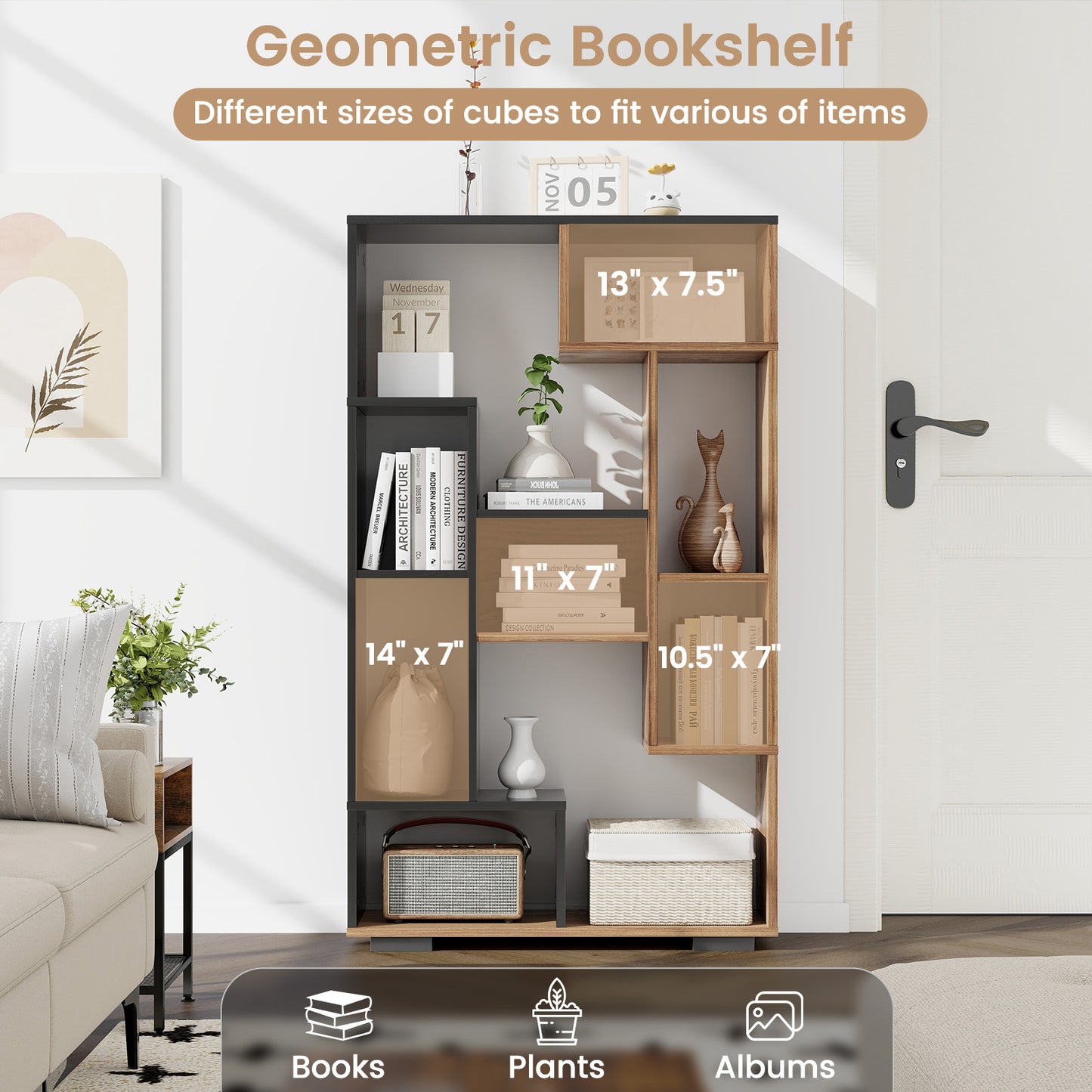 Topbuy 2pcs Geometric Bookshelf 47-Inch Bookcase w/ Multiple Open Shelves Anti-Tipping Devices Freestanding Book Storage Organizer White/Black