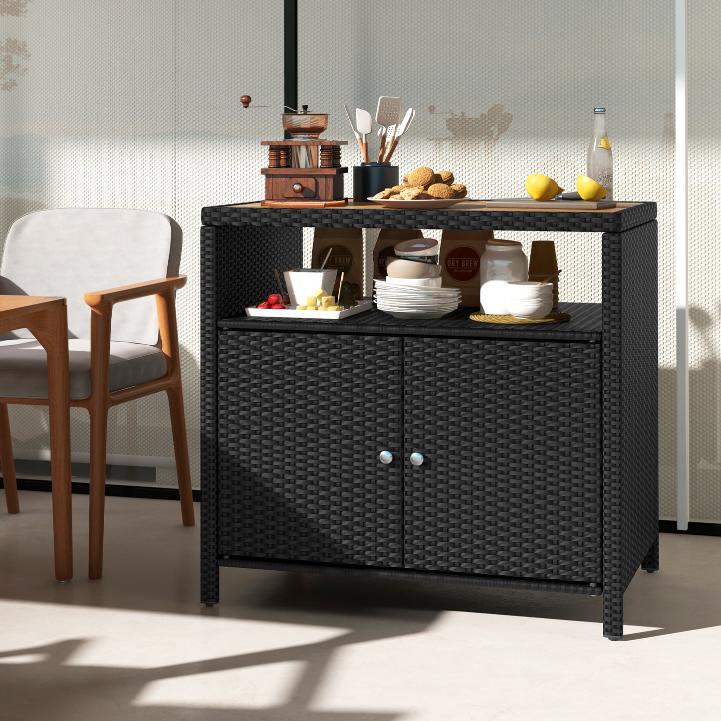 Topbuy Outdoor Rattan Storage Cabinet Patio Sideboard Buffet Cabinet with Acacia Wood Countertop Black/Brown/Grey