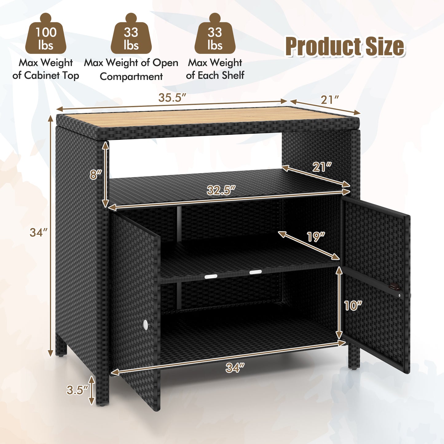 Topbuy Outdoor Rattan Storage Cabinet Patio Sideboard Buffet Cabinet with Acacia Wood Countertop Black/Brown/Grey