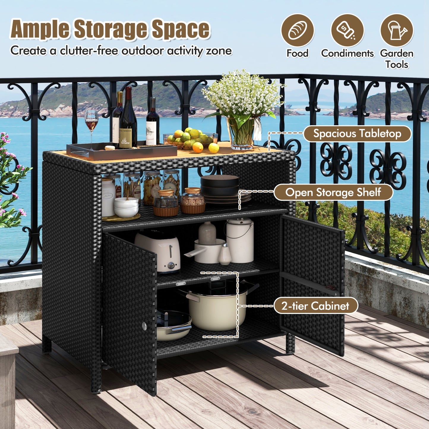 Topbuy Outdoor Rattan Storage Cabinet Patio Sideboard Buffet Cabinet with Acacia Wood Countertop Black/Brown/Grey