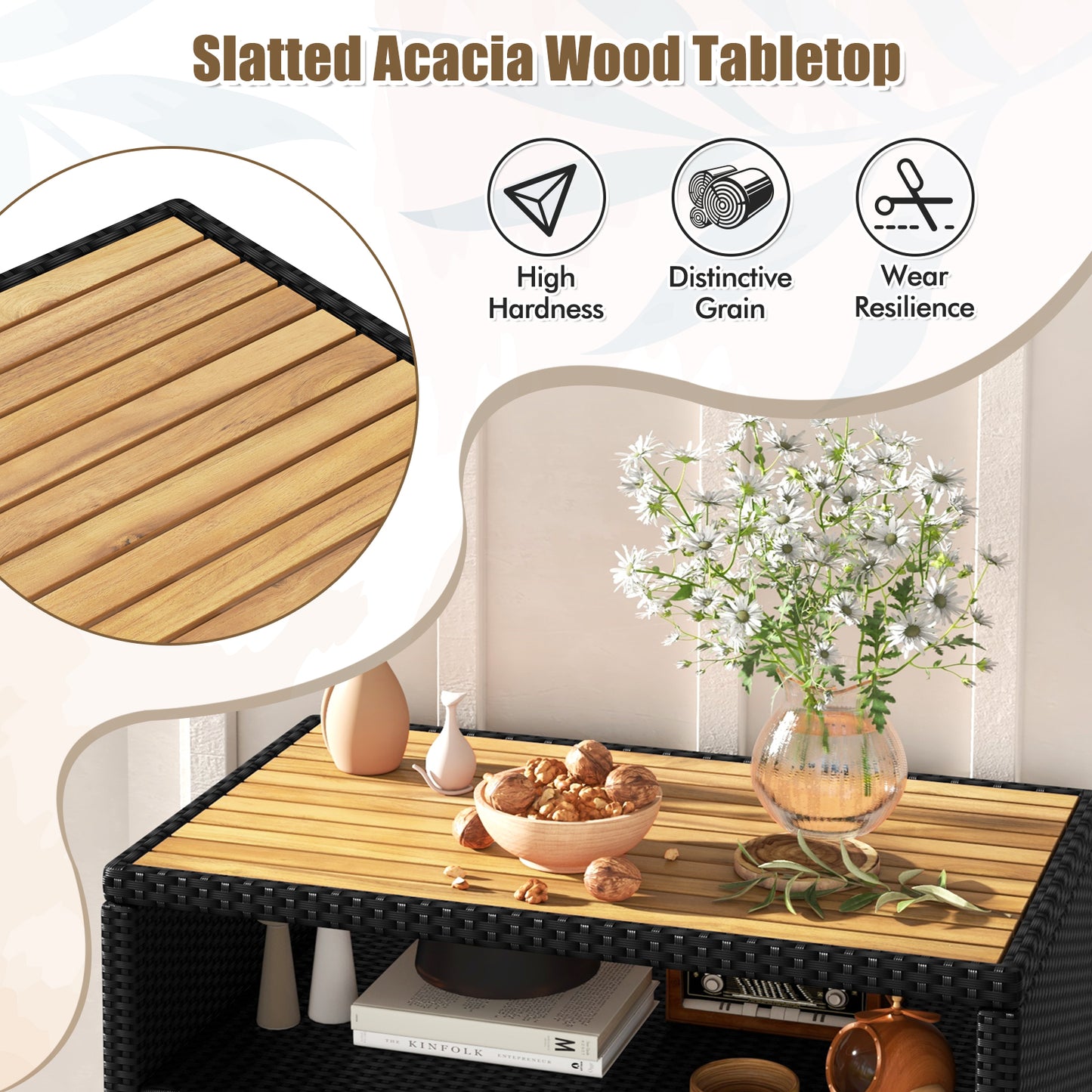 Topbuy Outdoor Rattan Storage Cabinet Patio Sideboard Buffet Cabinet with Acacia Wood Countertop Black/Brown/Grey