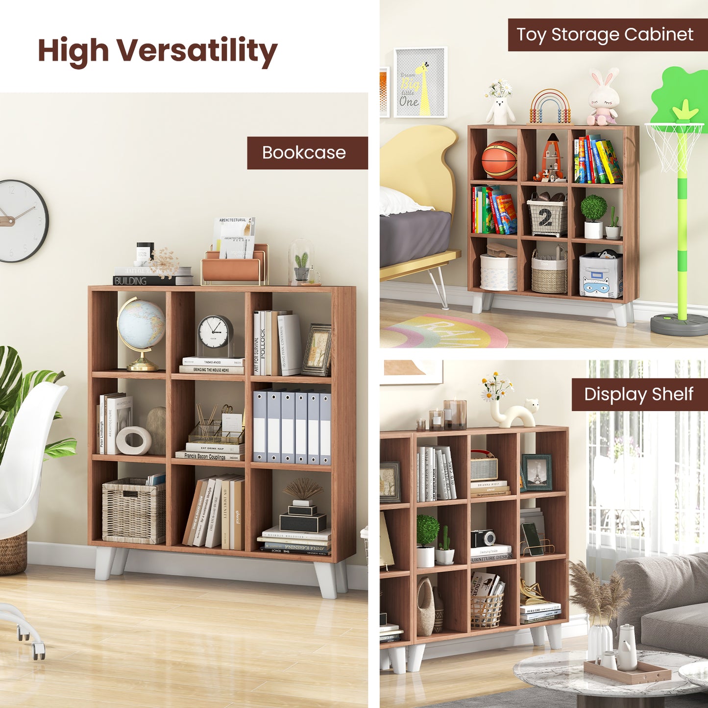 Topbuy 9-Cube Open Bookcase 3-Tier Floor Standing Bookshelf with 4 Slanted Legs 6 Removable Shelves Brown/White