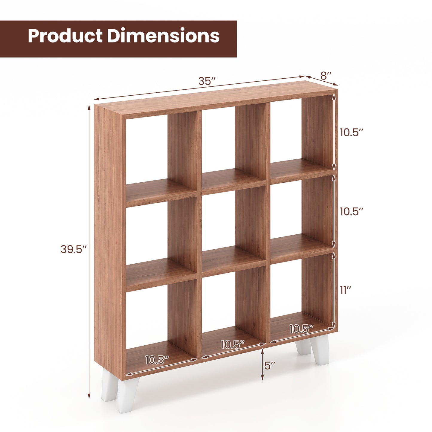 Topbuy 9-Cube Open Bookcase 3-Tier Floor Standing Bookshelf with 4 Slanted Legs 6 Removable Shelves Brown/White