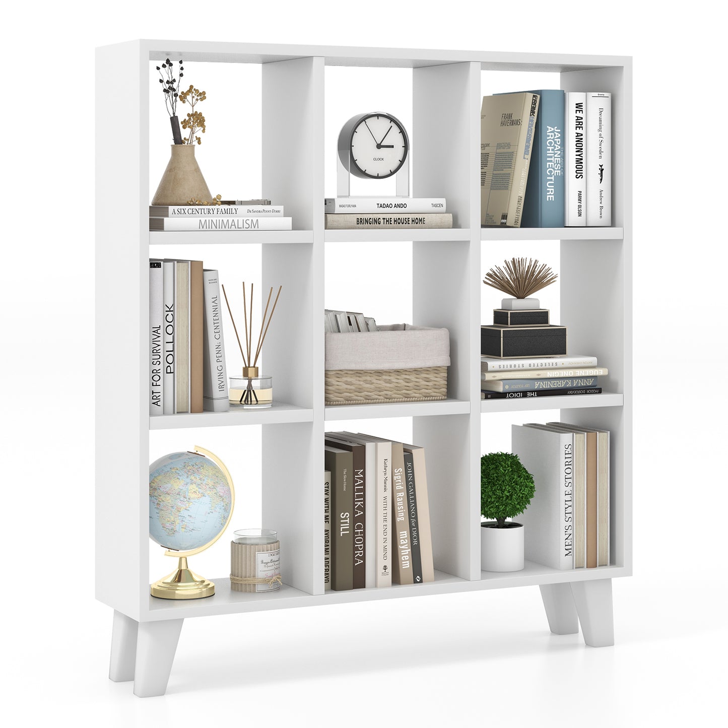 Topbuy 9-Cube Open Bookcase 3-Tier Floor Standing Bookshelf with 4 Slanted Legs 6 Removable Shelves Brown/White