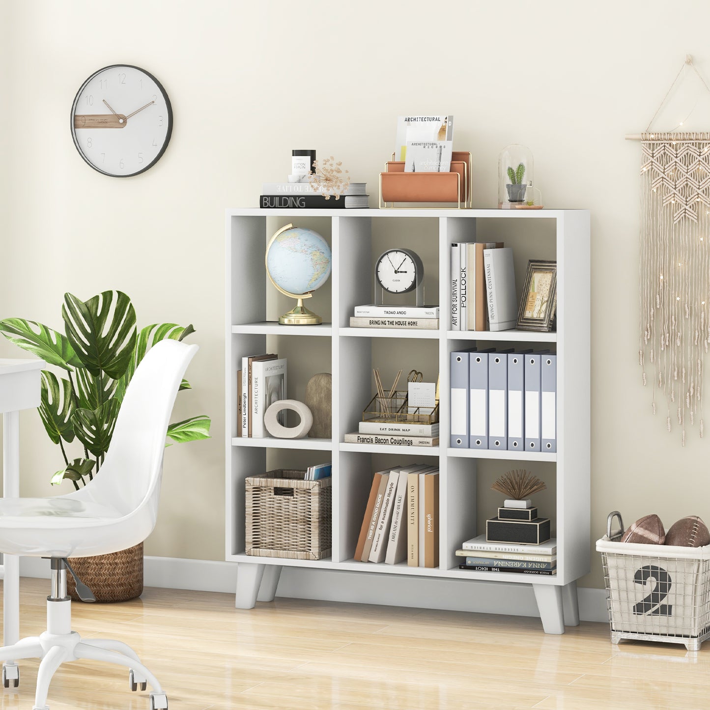 Topbuy 9-Cube Open Bookcase 3-Tier Floor Standing Bookshelf with 4 Slanted Legs 6 Removable Shelves Brown/White