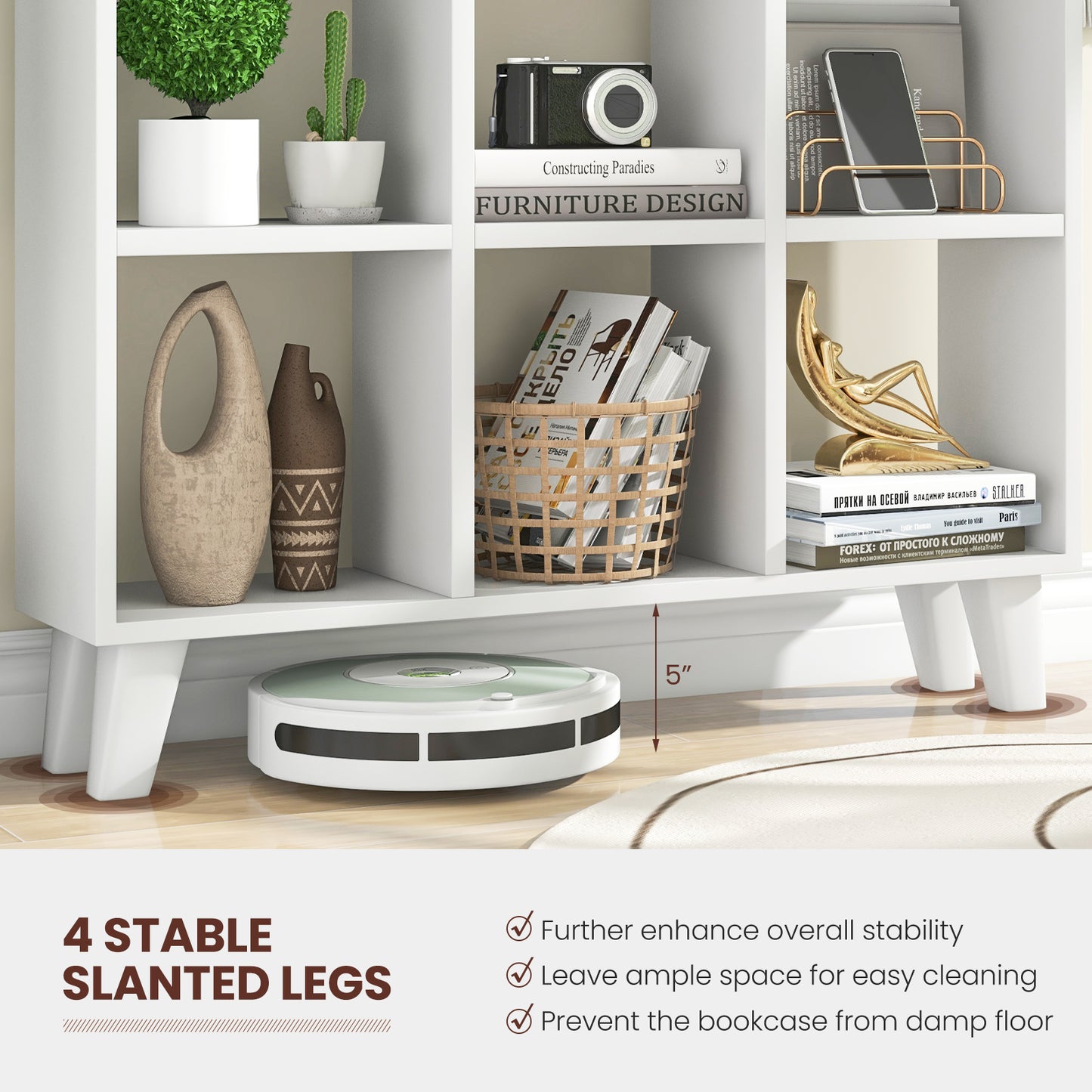 Topbuy 9-Cube Open Bookcase 3-Tier Floor Standing Bookshelf with 4 Slanted Legs 6 Removable Shelves Brown/White