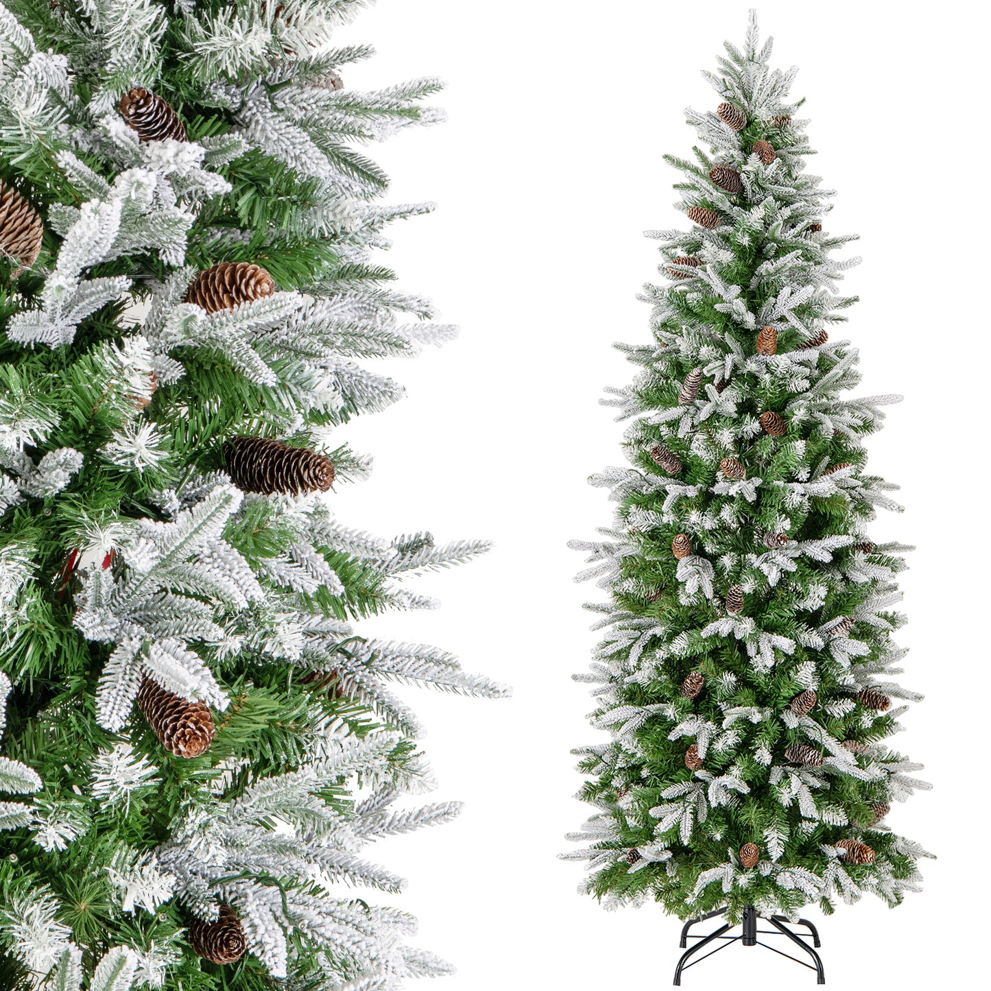 Topbuy 6/7.5/9 FT Snow Flocked Artificial Christmas Tree, Hinged Pre-lit Xmas Tree with 671/913/1310 Branch Tips, 280/350/470 LED Lights, 60/75/98 Natural Pine Cones, Snowy Leaves, Pencil Seasonal Decoration Tree