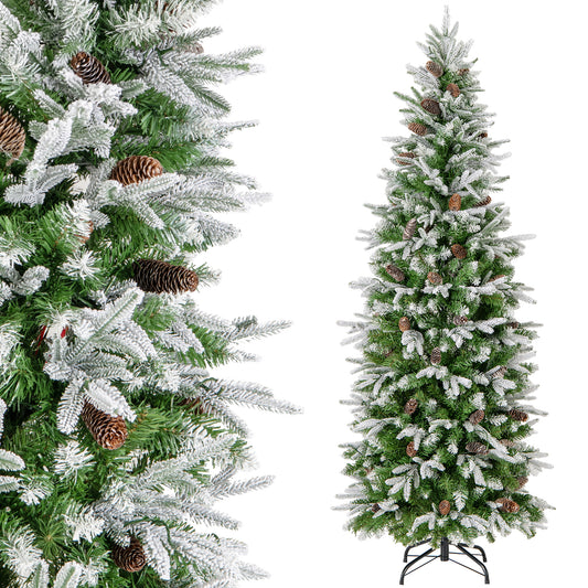 Topbuy 6/7.5/9 FT Snow Flocked Artificial Christmas Tree, Hinged Pre-lit Xmas Tree with 671/913/1310 Branch Tips, 280/350/470 LED Lights, 60/75/98 Natural Pine Cones, Snowy Leaves, Pencil Seasonal Decoration Tree