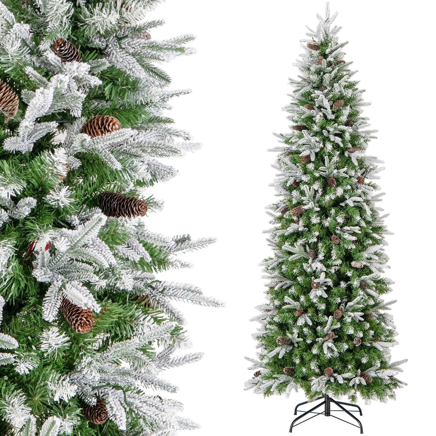 Topbuy 6/7.5/9 FT Snow Flocked Artificial Christmas Tree, Hinged Pre-lit Xmas Tree with 671/913/1310 Branch Tips, 280/350/470 LED Lights, 60/75/98 Natural Pine Cones, Snowy Leaves, Pencil Seasonal Decoration Tree
