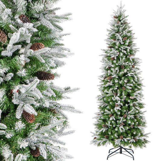 Topbuy 6/7.5/9 FT Snow Flocked Artificial Christmas Tree, Hinged Pre-lit Xmas Tree with 671/913/1310 Branch Tips, 280/350/470 LED Lights, 60/75/98 Natural Pine Cones, Snowy Leaves, Pencil Seasonal Decoration Tree