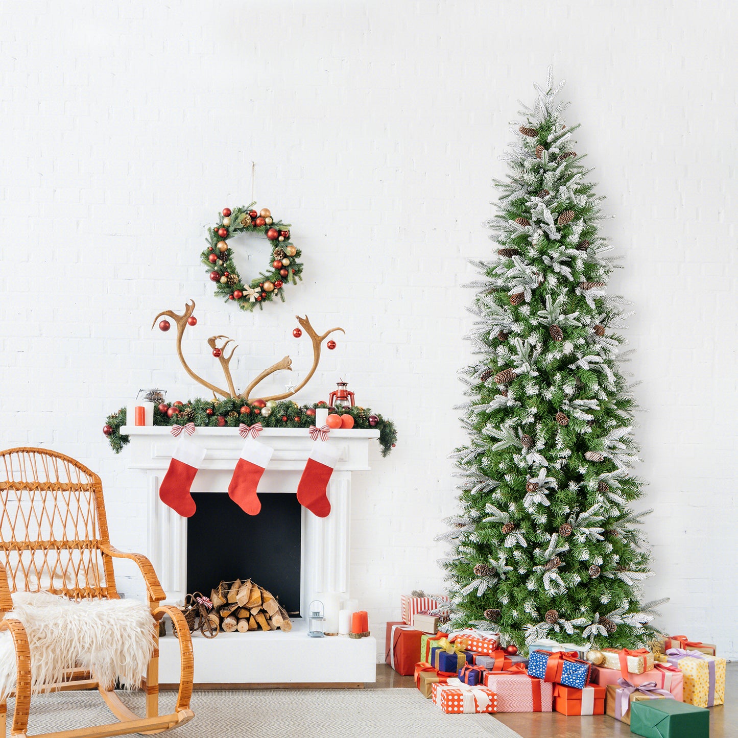 Topbuy 6/7.5/9 FT Snow Flocked Artificial Christmas Tree, Hinged Pre-lit Xmas Tree with 671/913/1310 Branch Tips, 280/350/470 LED Lights, 60/75/98 Natural Pine Cones, Snowy Leaves, Pencil Seasonal Decoration Tree