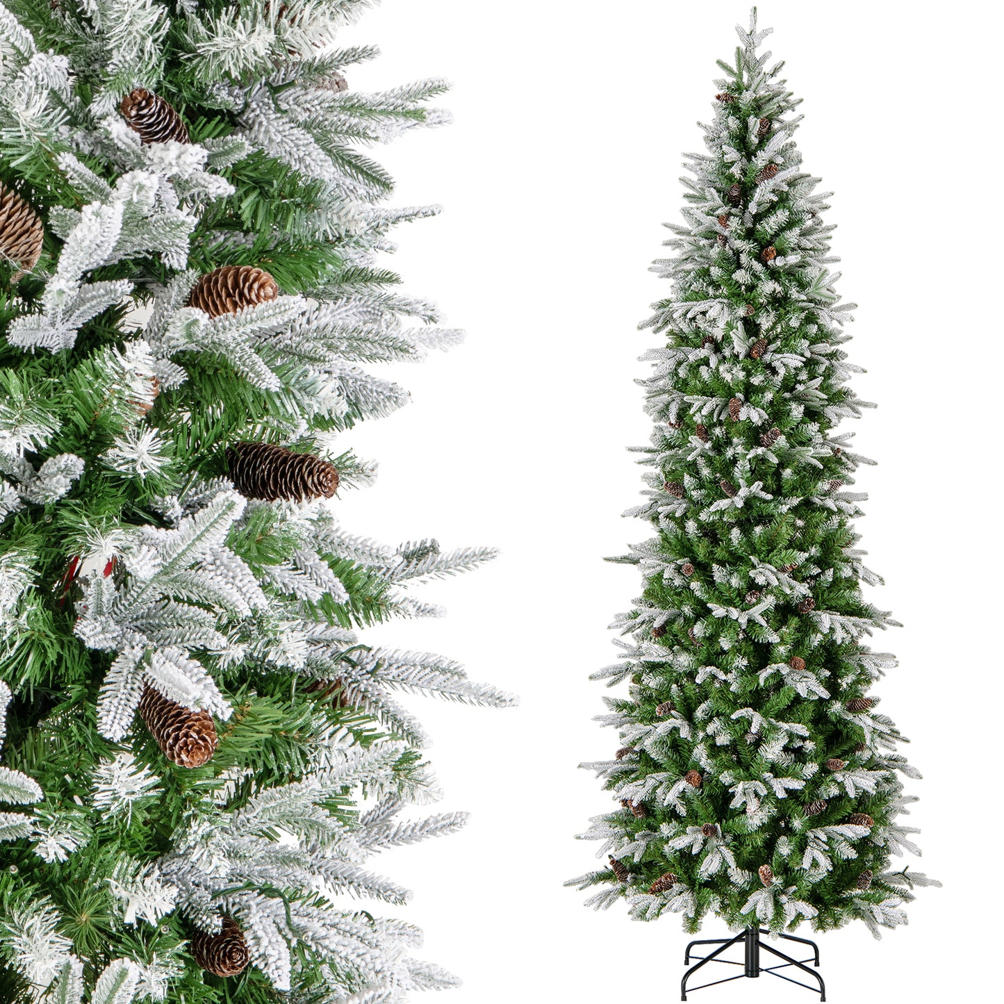 Topbuy 6/7.5/9 FT Snow Flocked Artificial Christmas Tree, Hinged Pre-lit Xmas Tree with 671/913/1310 Branch Tips, 280/350/470 LED Lights, 60/75/98 Natural Pine Cones, Snowy Leaves, Pencil Seasonal Decoration Tree