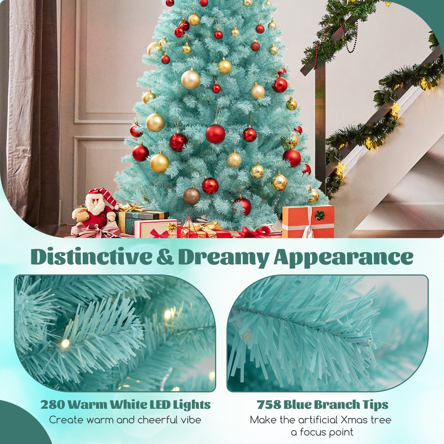 Topbuy 7/6 FT Artificial Christmas Tree Pre-lit Hinged Xmas Tree w/ 1040/758 Blue Branch Tips 380/280 Warm White LED Lights