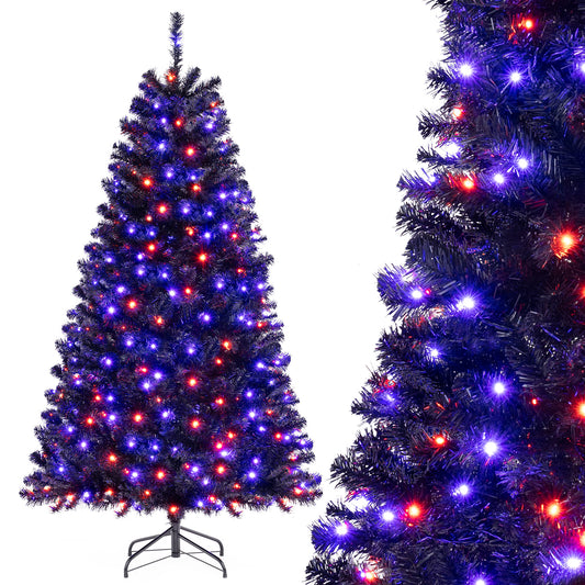 Topbuy 7/6 FT Artificial Halloween Tree Pre-lit Hinged Black Xmas Tree w/ Spooky Sounds LED Lights