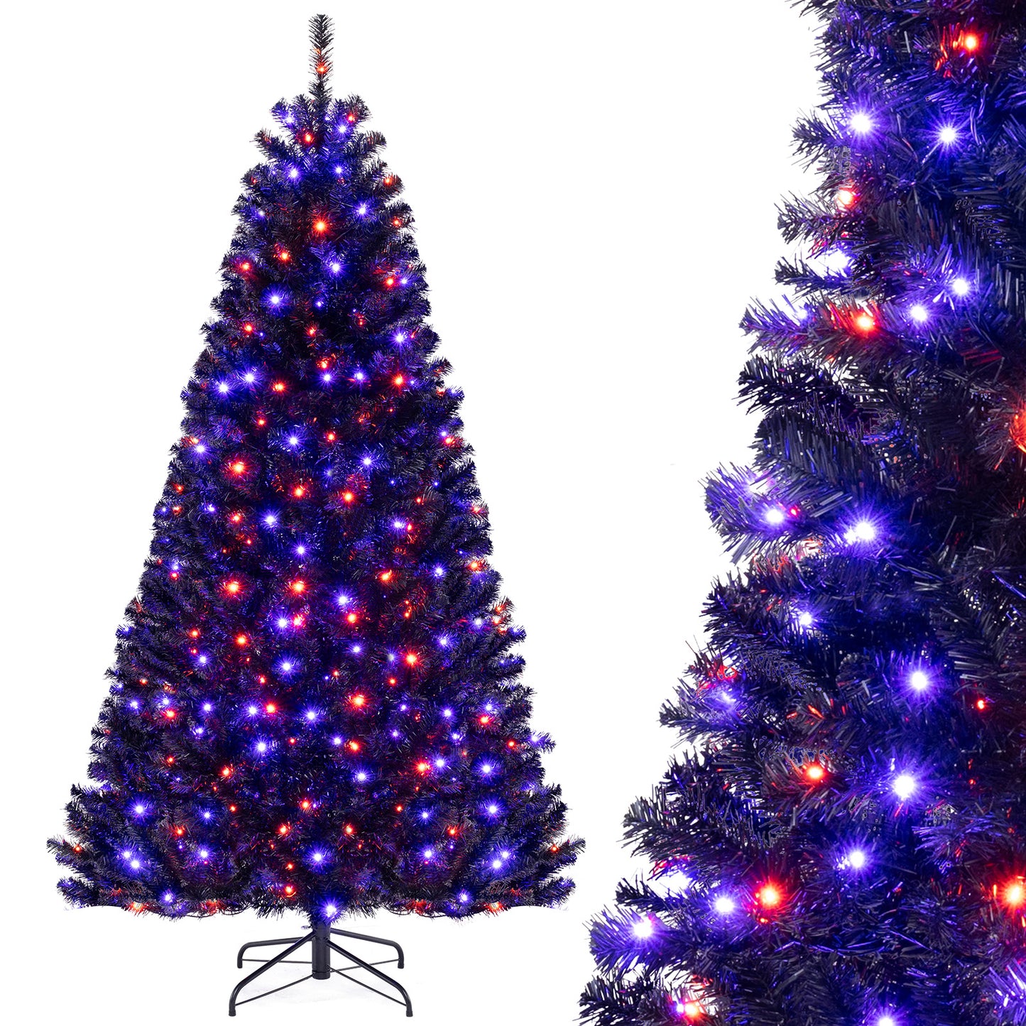 Topbuy 7/6 FT Artificial Halloween Tree Pre-lit Hinged Black Xmas Tree w/ Spooky Sounds LED Lights