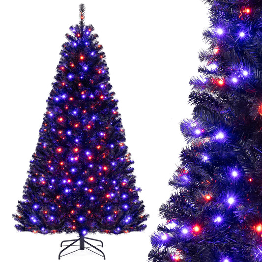 Topbuy 7/6 FT Artificial Halloween Tree Pre-lit Hinged Black Xmas Tree w/ Spooky Sounds LED Lights