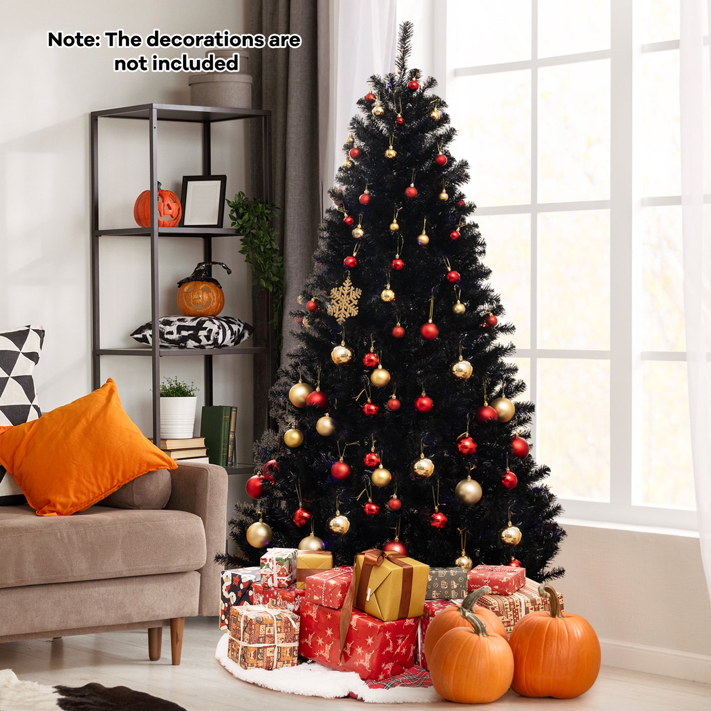 Topbuy 7/6 FT Artificial Halloween Tree Pre-lit Hinged Black Xmas Tree w/ Spooky Sounds LED Lights