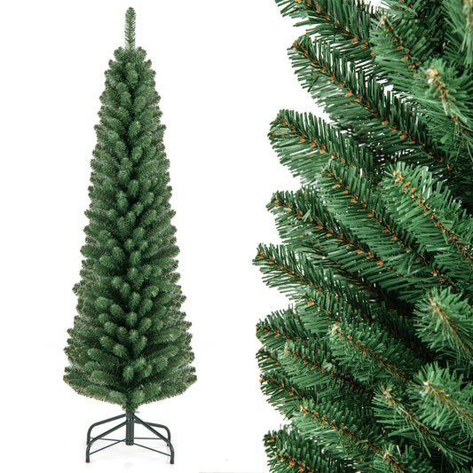 Topbuy 5/6/7/8 FT Artificial Christmas Tree Pencil Xmas Tree with Memory Wire Branch Tips & Upgraded Metal Stand