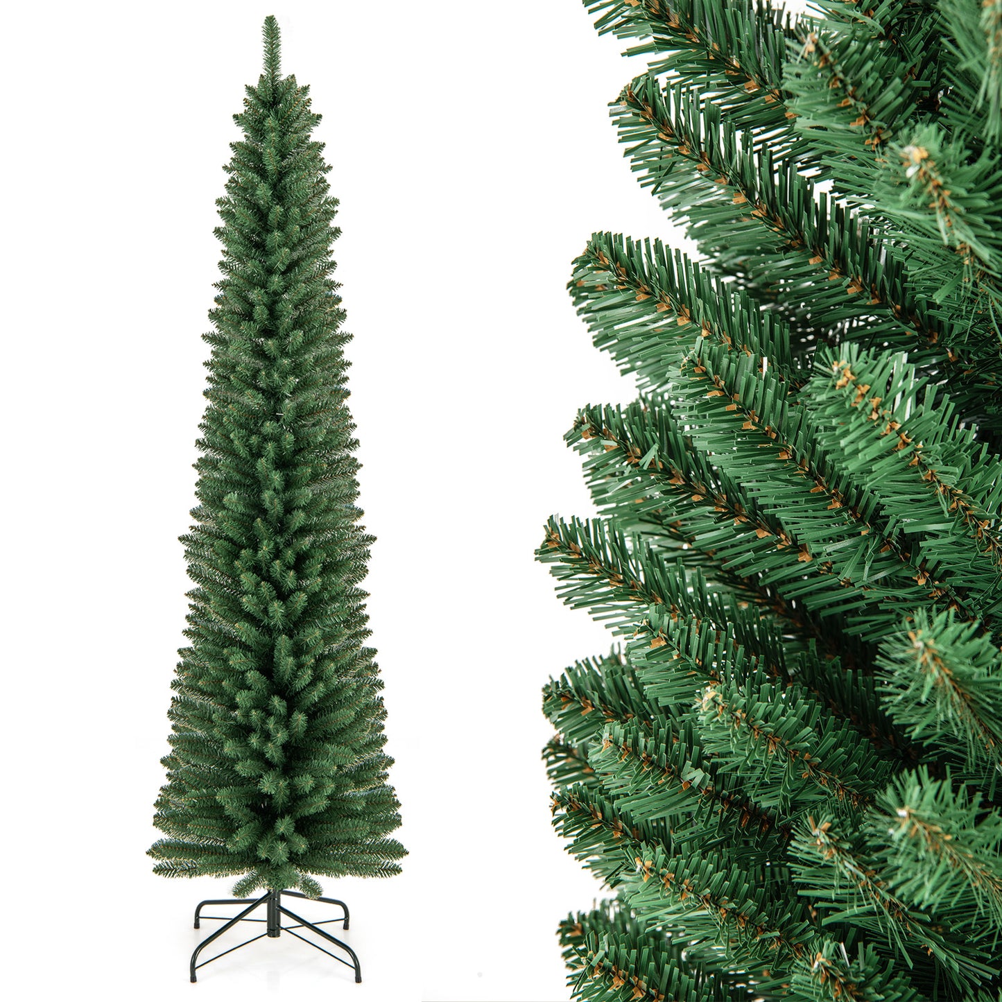 Topbuy 5/6/7/8 FT Artificial Christmas Tree Pencil Xmas Tree with Memory Wire Branch Tips & Upgraded Metal Stand