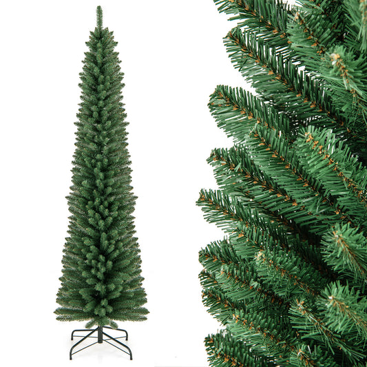 Topbuy 5/6/7/8 FT Artificial Christmas Tree Pencil Xmas Tree with Memory Wire Branch Tips & Upgraded Metal Stand