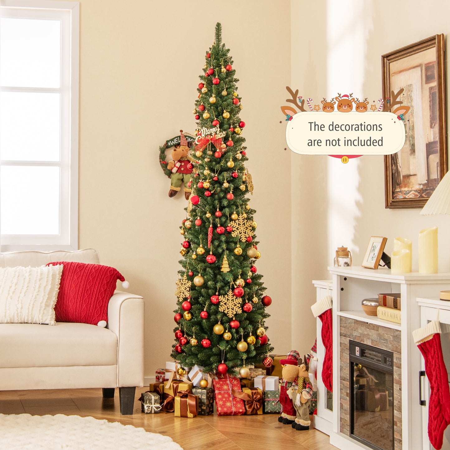 Topbuy 5/6/7/8 FT Artificial Christmas Tree Pencil Xmas Tree with Memory Wire Branch Tips & Upgraded Metal Stand