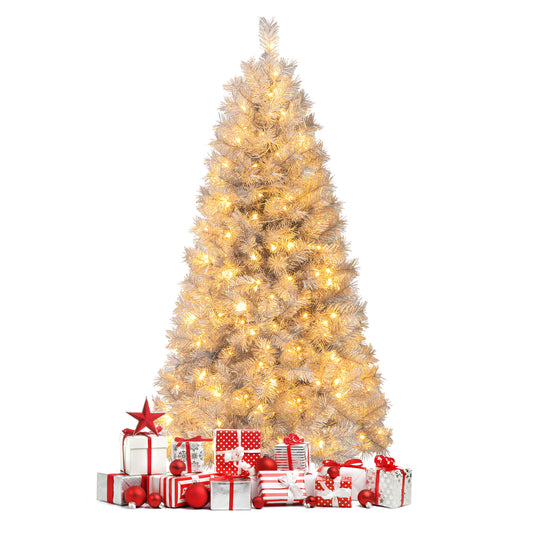 Topbuy 5 FT Artificial Christmas Tree Pre-lit Xmas Tree with  Branch Tips LED Lights Silver Tinsel Leaves