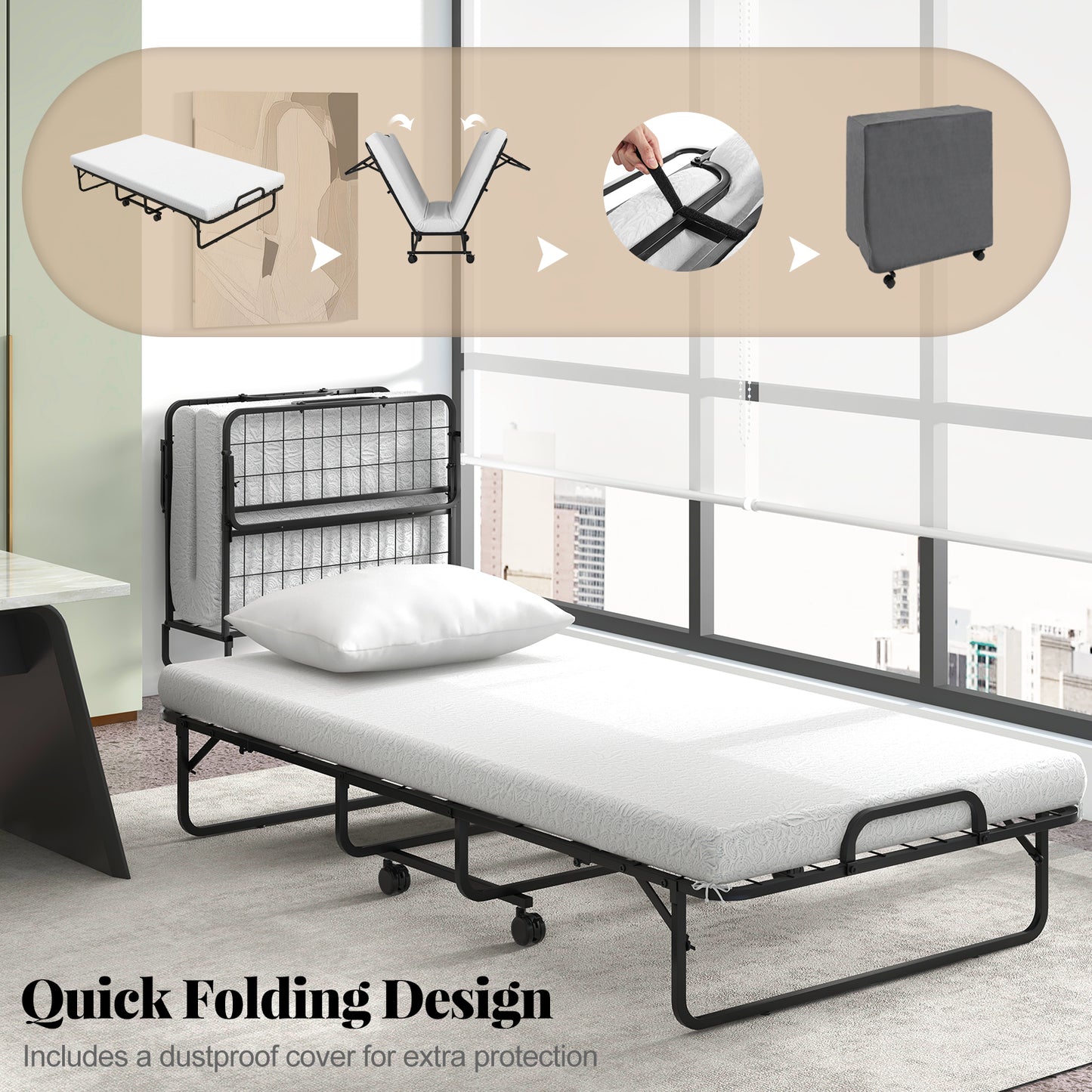 Topbuy Folding Bed with Mattress 75" x 39" Twin Size Rollaway Adult Bed with Memory Foam Mattress &Pillow