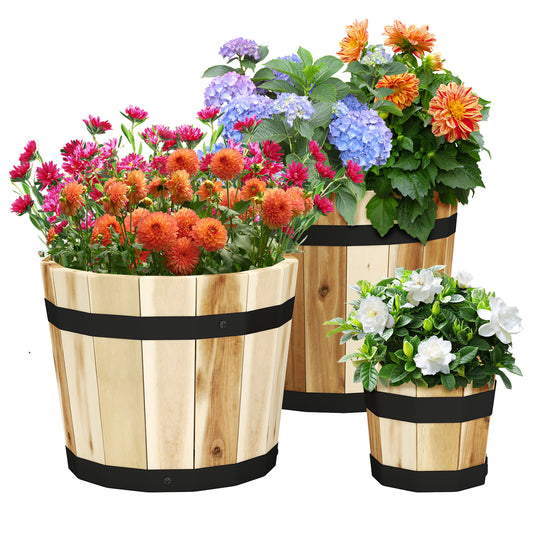 Topbuy Set of 3 Outdoor Wooden Flower Boxes Whiskey Barrel Planters with Acacia Wood Frame