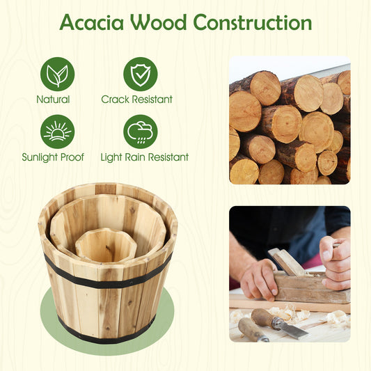 Topbuy Set of 3 Outdoor Wooden Flower Boxes Whiskey Barrel Planters with Acacia Wood Frame