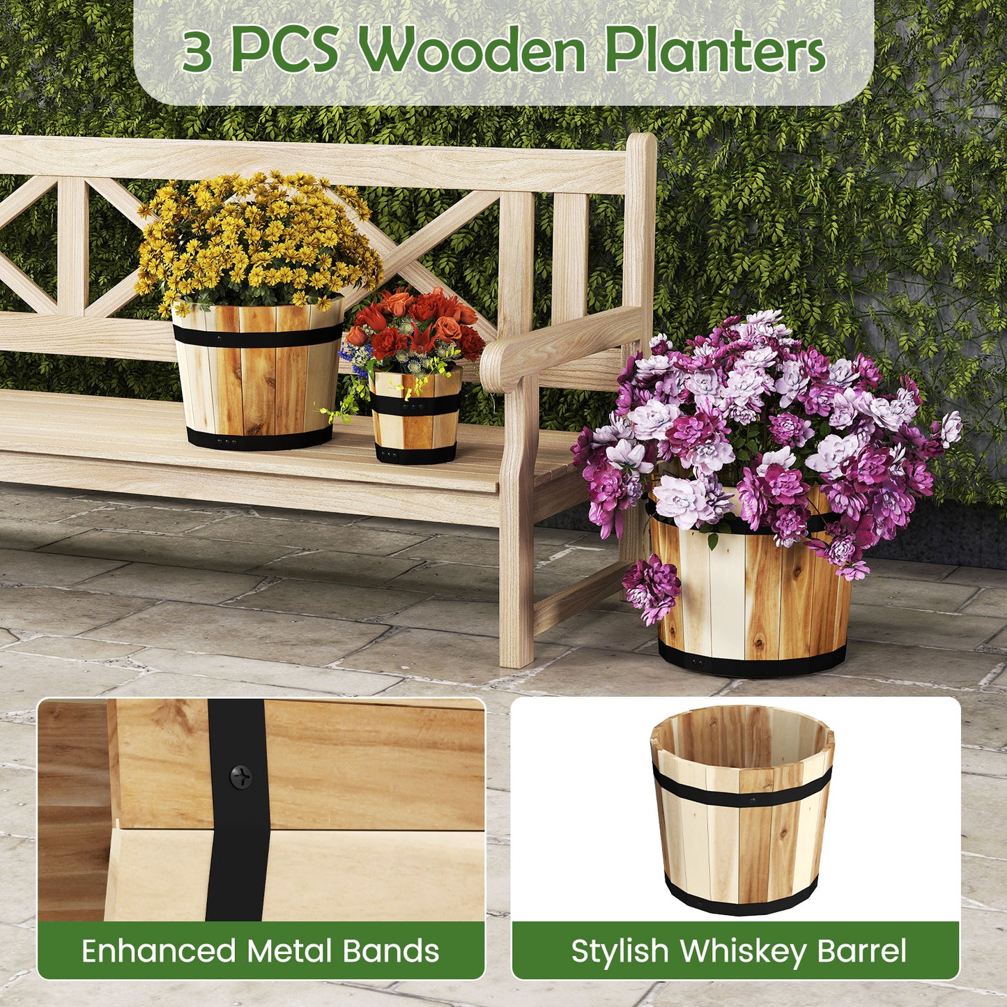 Topbuy Set of 3 Outdoor Wooden Flower Boxes Whiskey Barrel Planters with Acacia Wood Frame