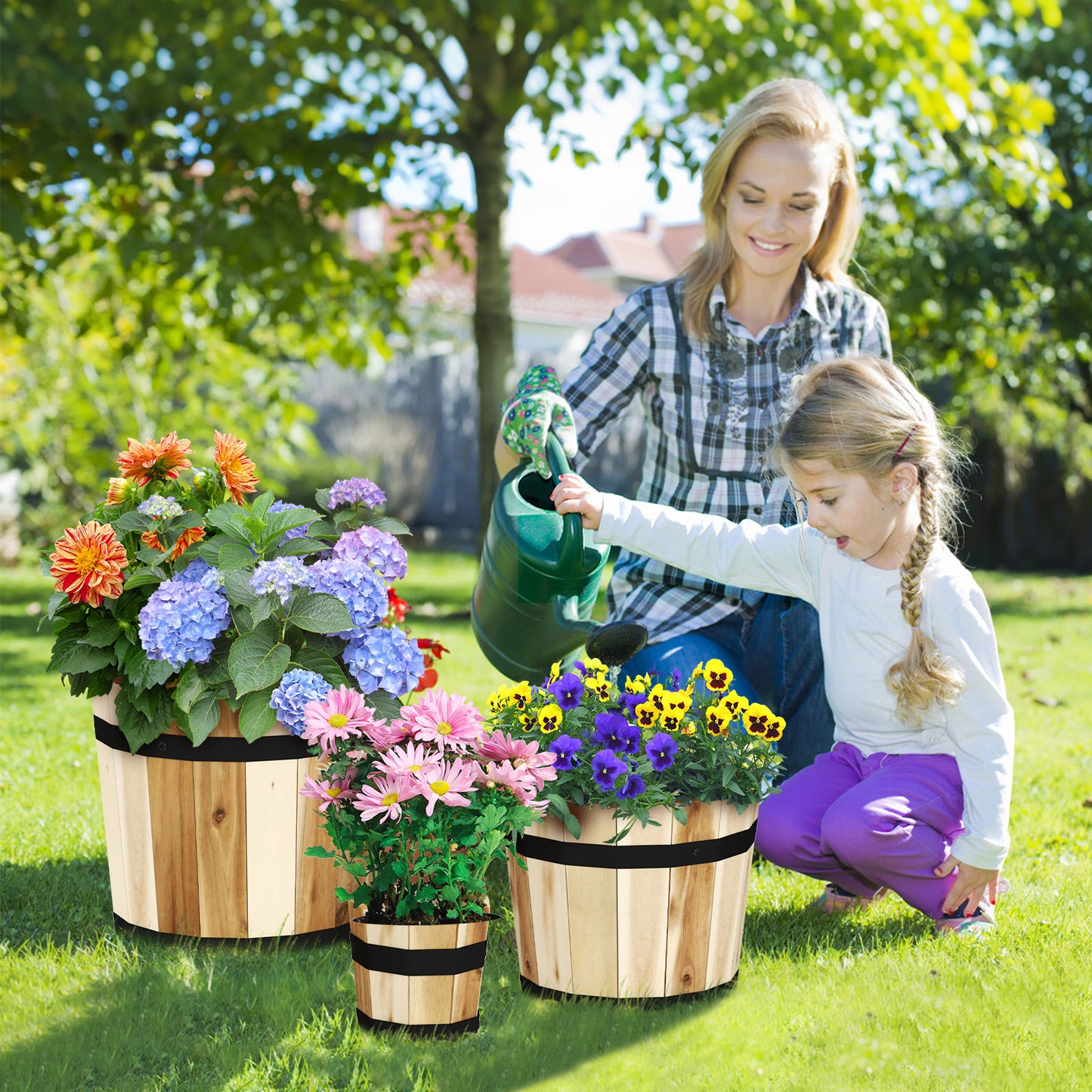 Topbuy Set of 3 Outdoor Wooden Flower Boxes Whiskey Barrel Planters with Acacia Wood Frame
