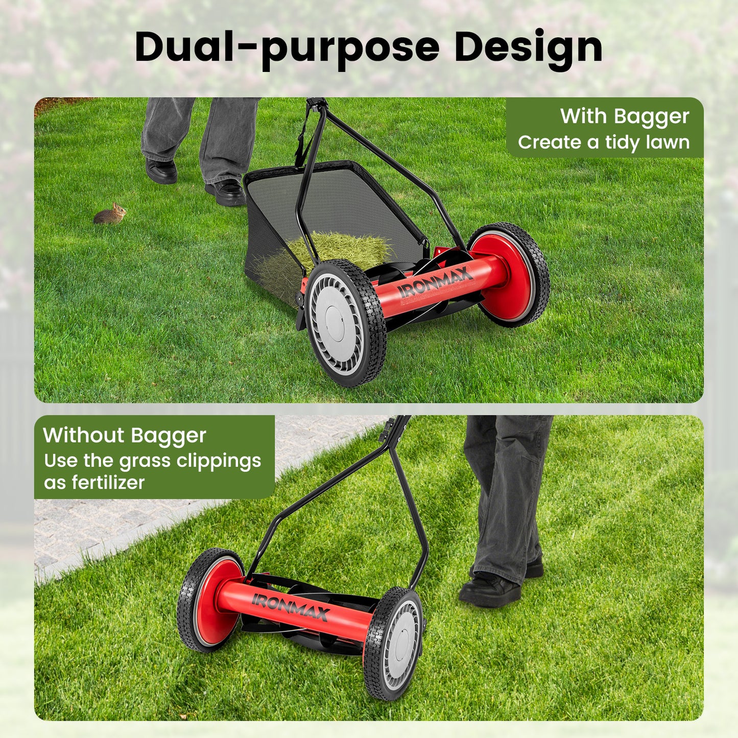 Topbuy Push Lawn Mower Cordless 14" Manual Reel Mower w/ 5-Blade 6.6 Gallon Removable Grass Catcher