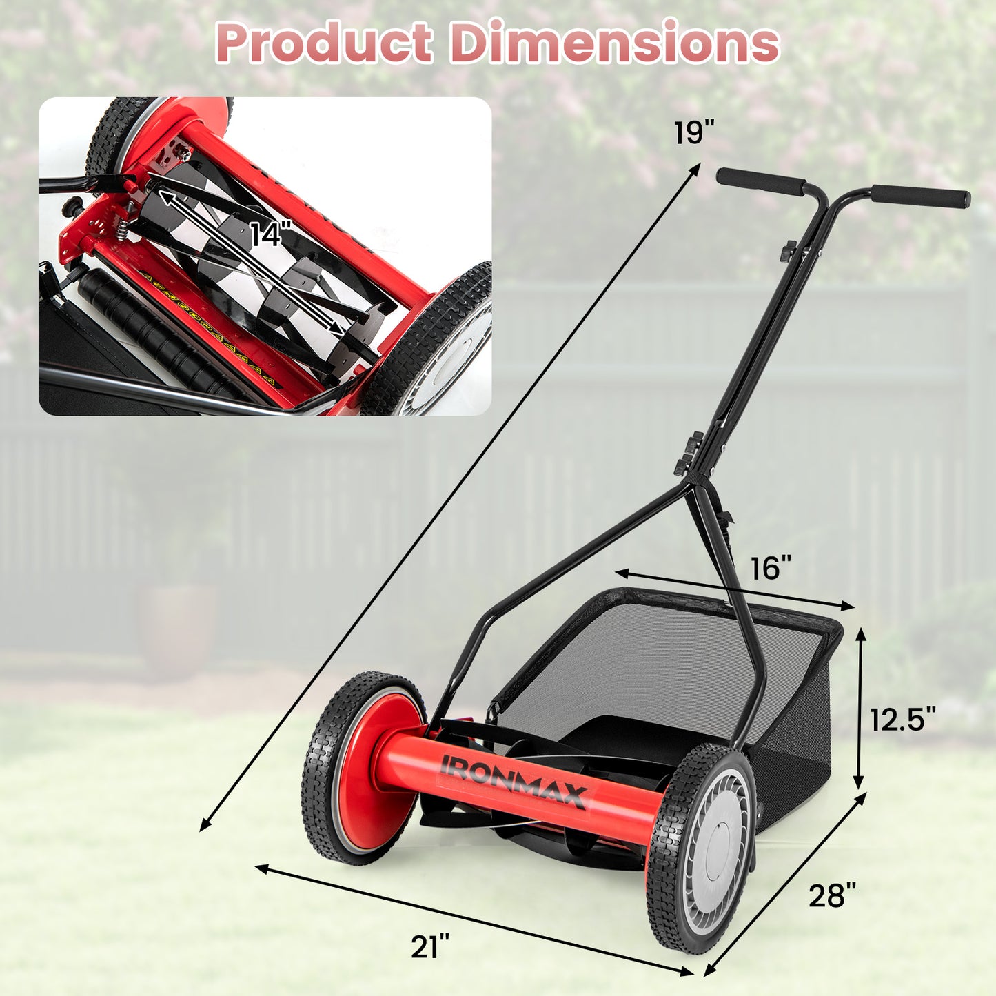 Topbuy Push Lawn Mower Cordless 14" Manual Reel Mower w/ 5-Blade 6.6 Gallon Removable Grass Catcher