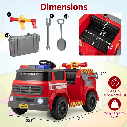 Topbuy 12V Battery Powered Ride on Fire Truck Simulation Electric Fire Vehicle w/Water Gun