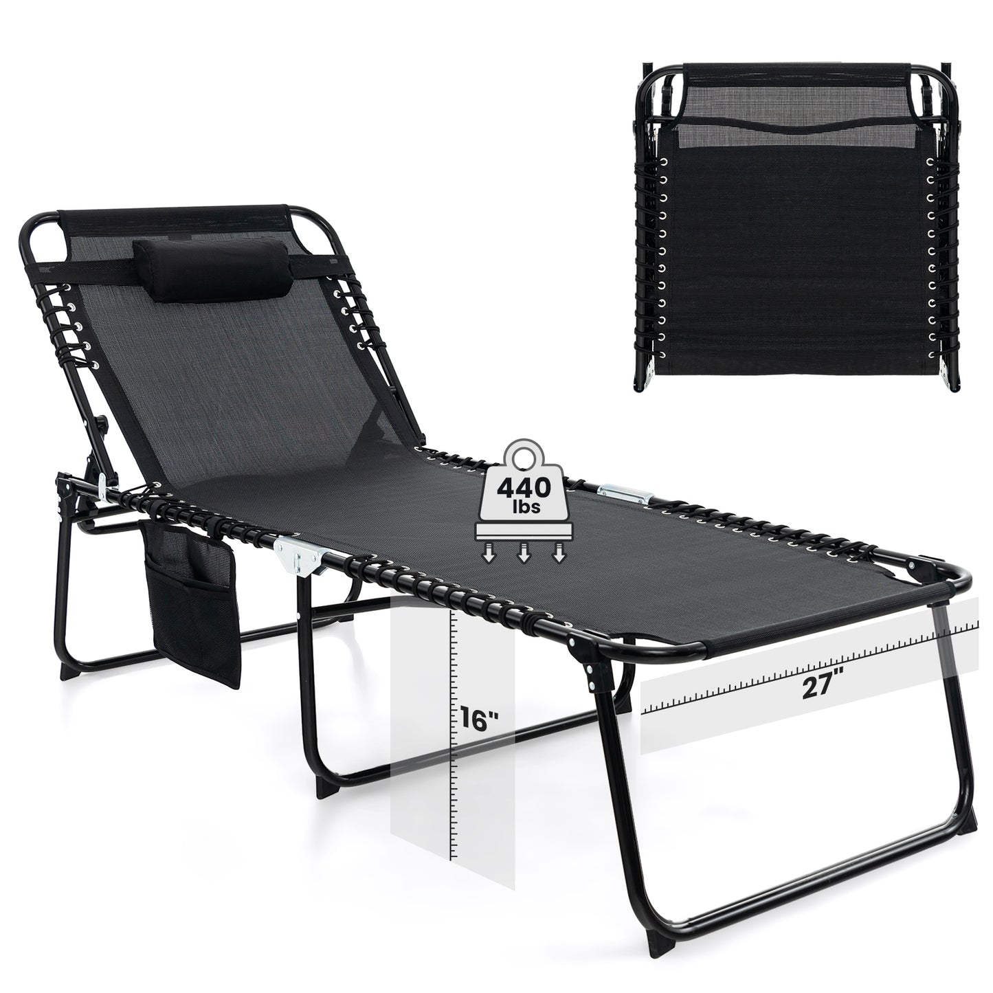 Topbuy Oversize Folding Chaise Lounge Portable Patio Sun Lounger with Adjustable Backrest Detachable Pillow & Pocket