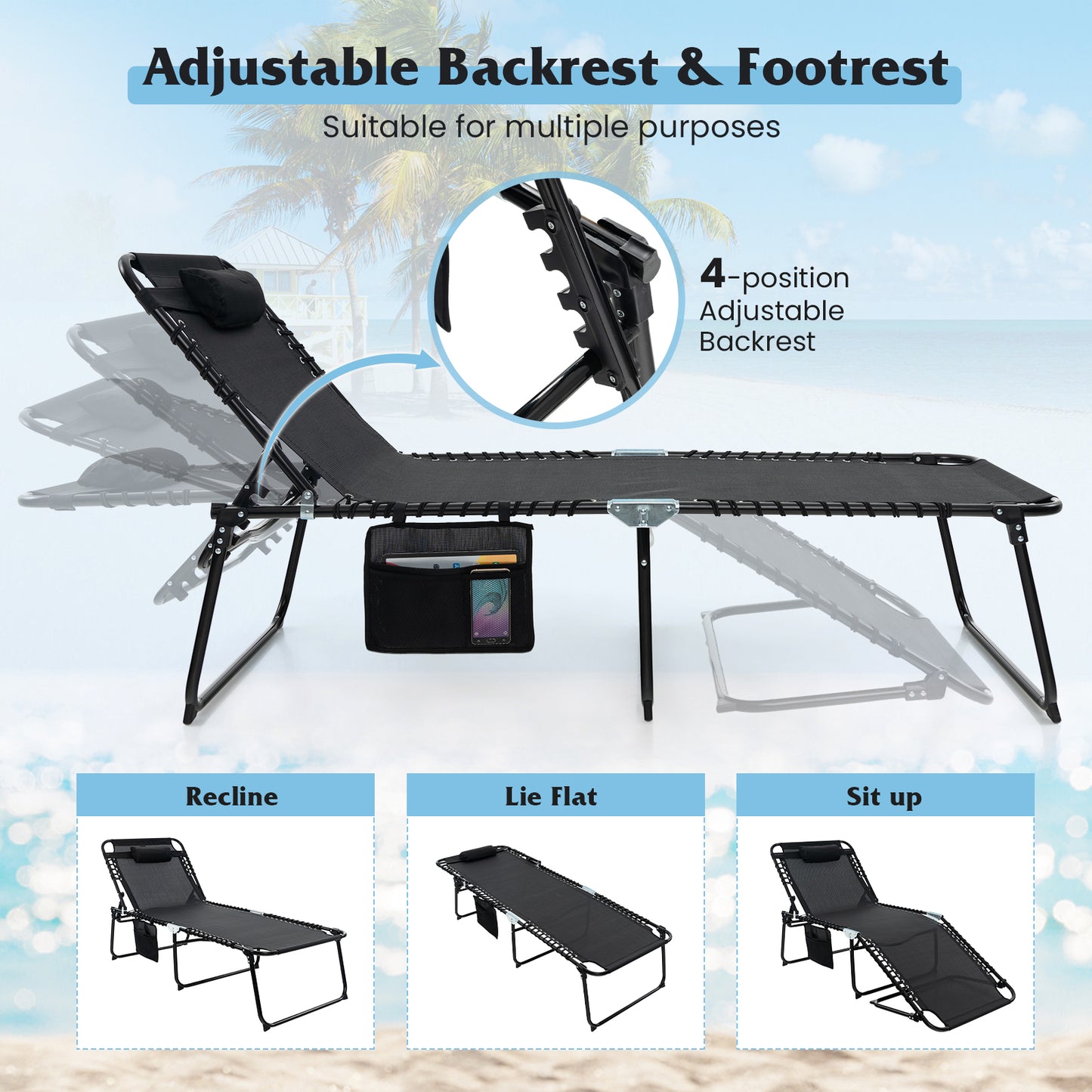 Topbuy Oversize Folding Chaise Lounge Portable Patio Sun Lounger with Adjustable Backrest Detachable Pillow & Pocket