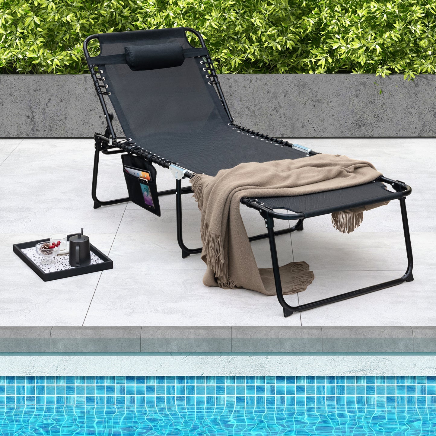 Topbuy Oversize Folding Chaise Lounge Portable Patio Sun Lounger with Adjustable Backrest Detachable Pillow & Pocket
