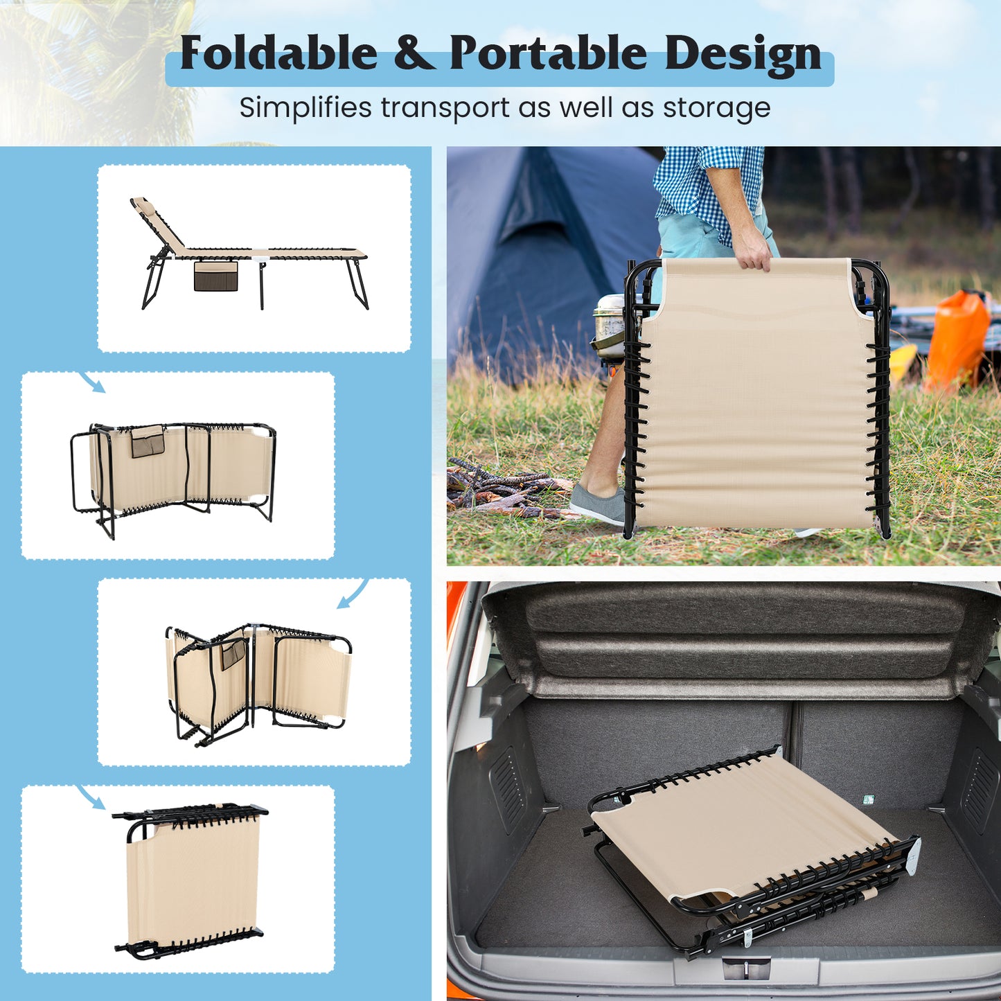 Topbuy Oversize Folding Chaise Lounge Portable Patio Sun Lounger with Adjustable Backrest Detachable Pillow & Pocket