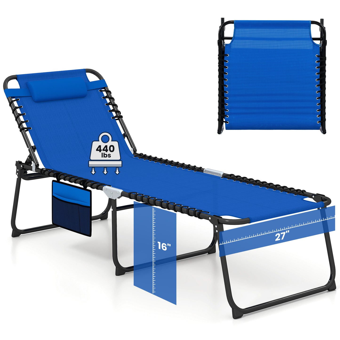 Topbuy Oversize Folding Chaise Lounge Portable Patio Sun Lounger with Adjustable Backrest Detachable Pillow & Pocket