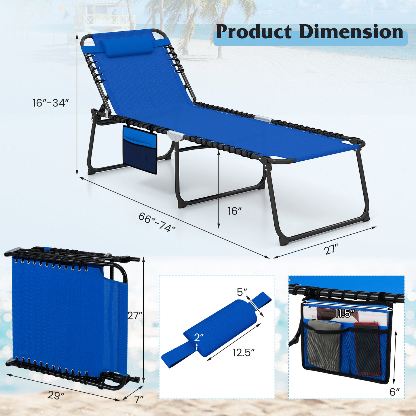Topbuy Oversize Folding Chaise Lounge Portable Patio Sun Lounger with Adjustable Backrest Detachable Pillow & Pocket