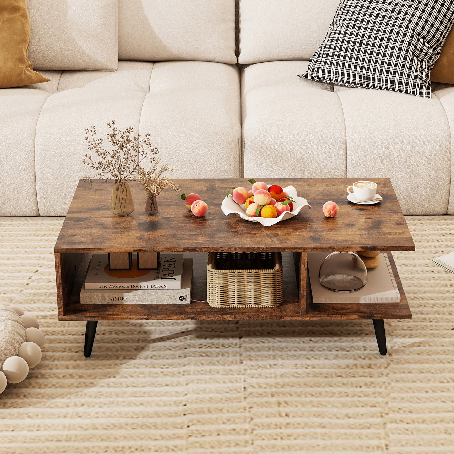 Topbuy 2-tier Coffee Table w/ Storage Home Mid Century Modern Center Table Heavy-duty Metal Frame Tea Table