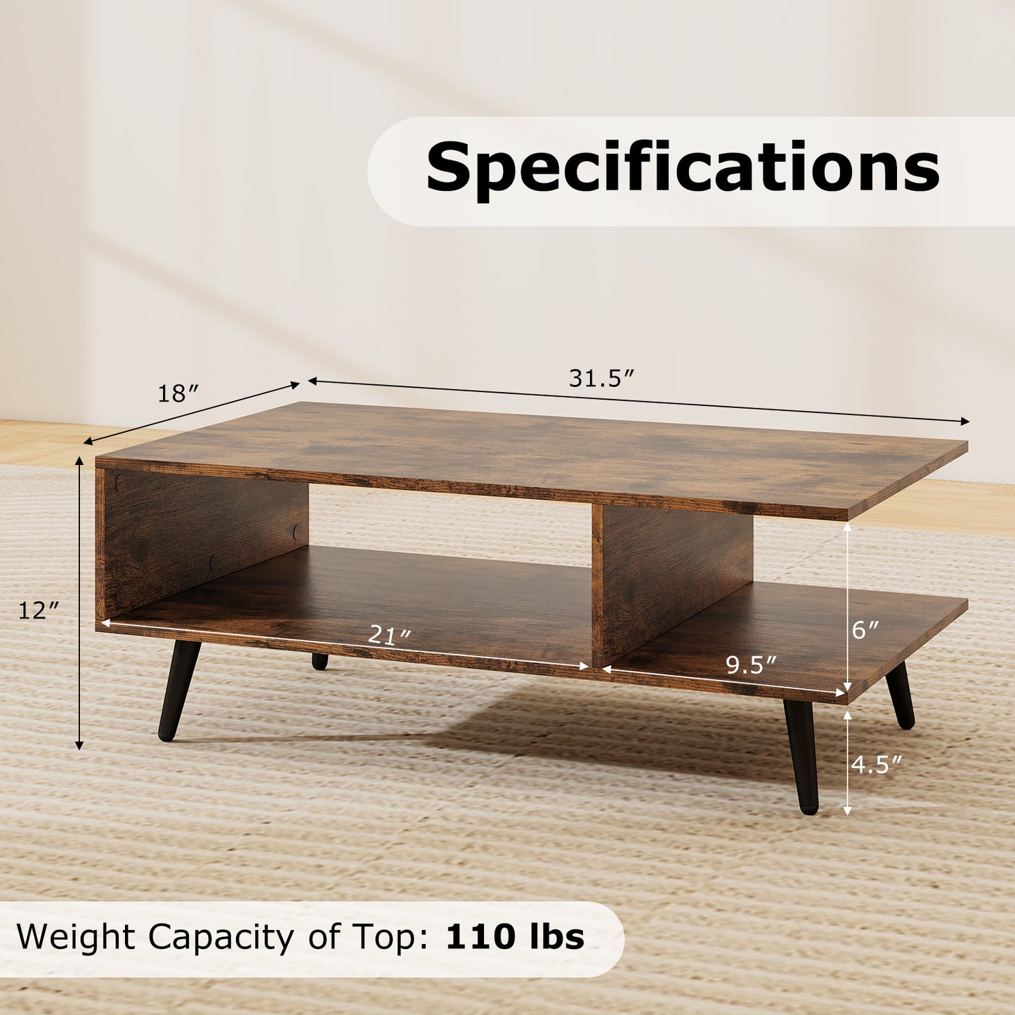 Topbuy 2-tier Coffee Table w/ Storage Home Mid Century Modern Center Table Heavy-duty Metal Frame Tea Table
