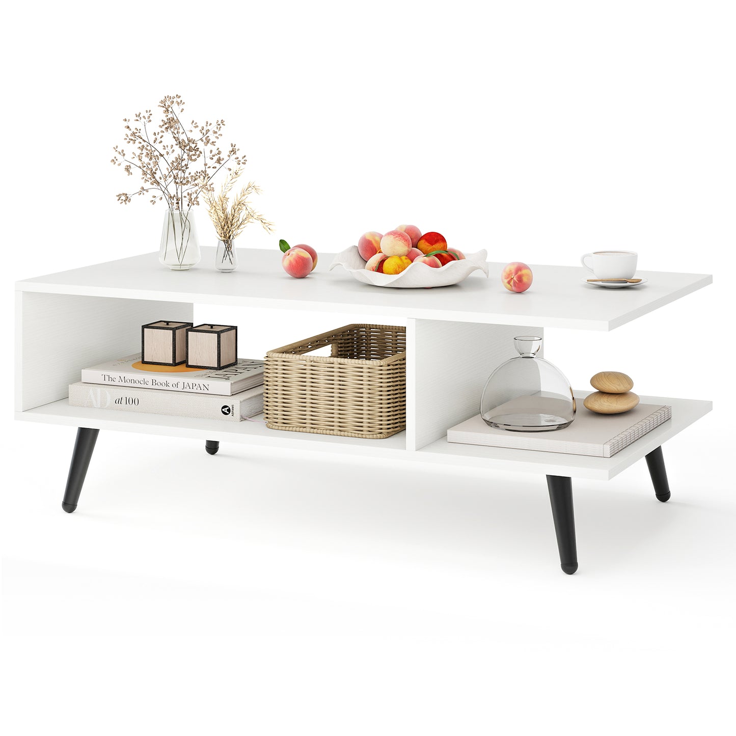 Topbuy 2-tier Coffee Table w/ Storage Home Mid Century Modern Center Table Heavy-duty Metal Frame Tea Table